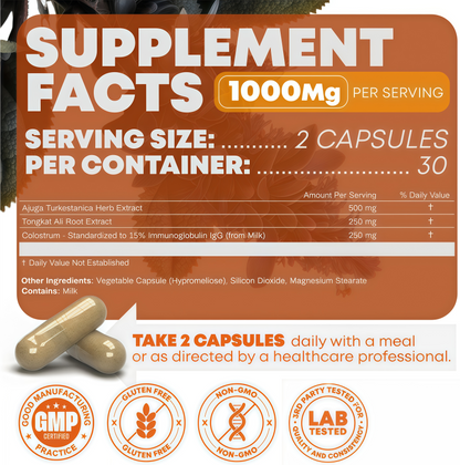 Turkesterone & Tongkat Ali 1000mg Supplement - 500mg Ajuga Turkestanica Per Serving Increase Stamina, Lean Muscle Growth & Recovery - Made in The USA (60 Capsules)